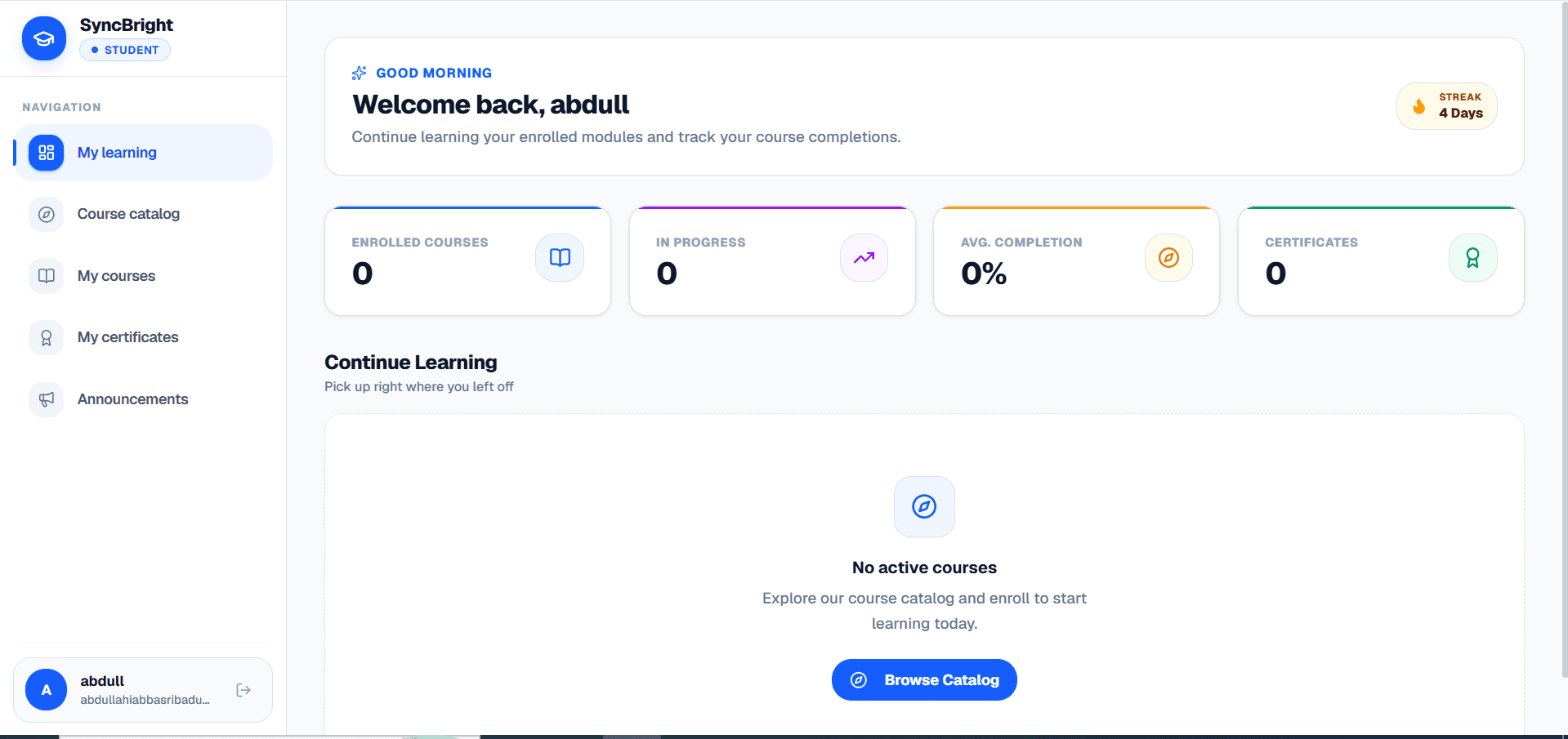 Syncbright learning platform — student dashboard showing enrolled courses, progress, completion and learning streak