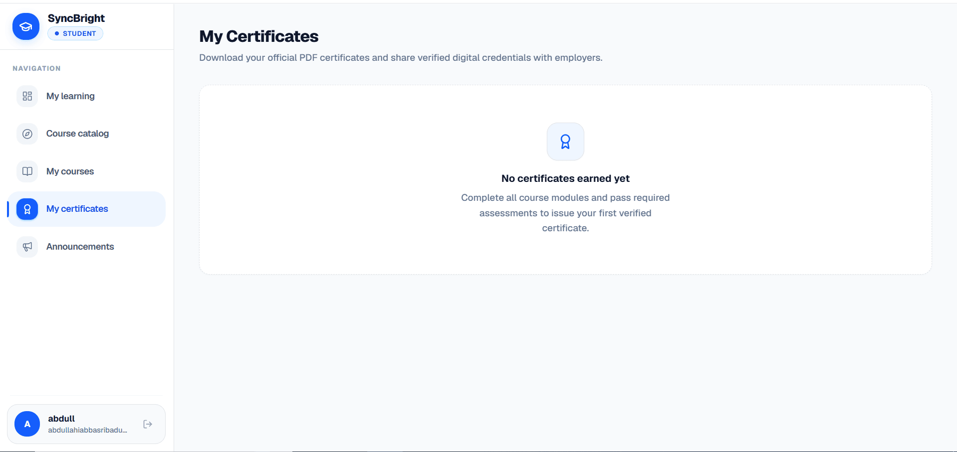 Syncbright learning platform — My Certificates page for downloading verified PDF certificates